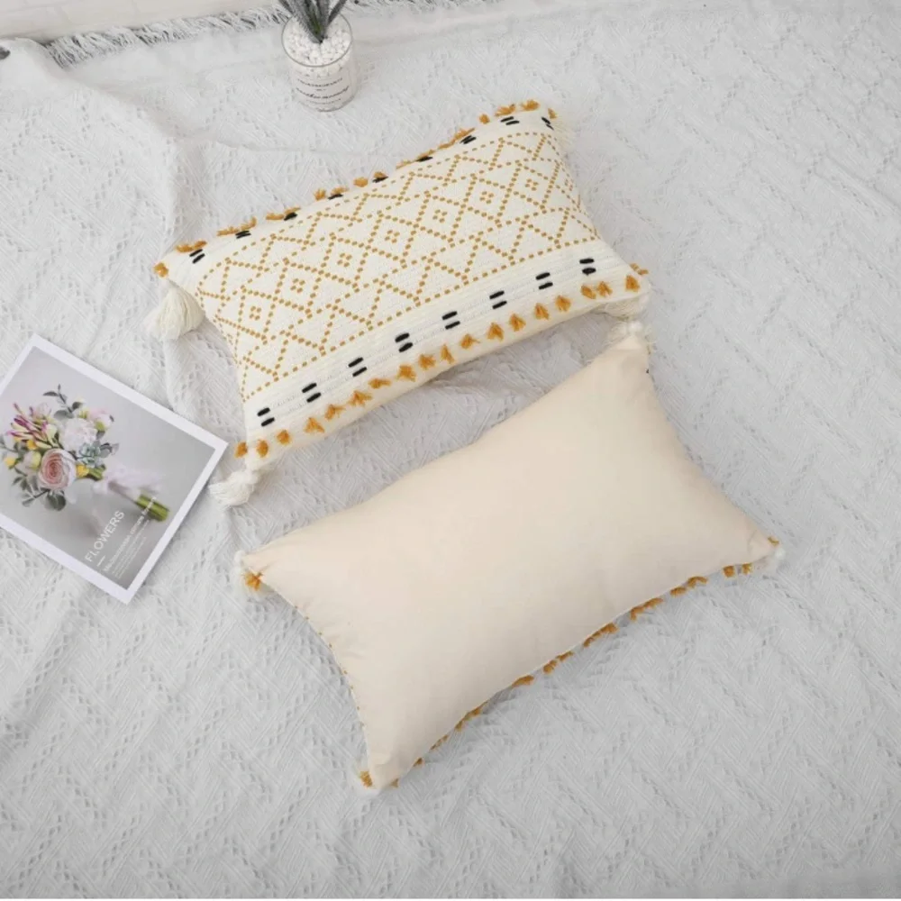 Luxury Home | Boho Chic Mustard Morroccan Tufted Woven Lumbar Throw Pillow Cover